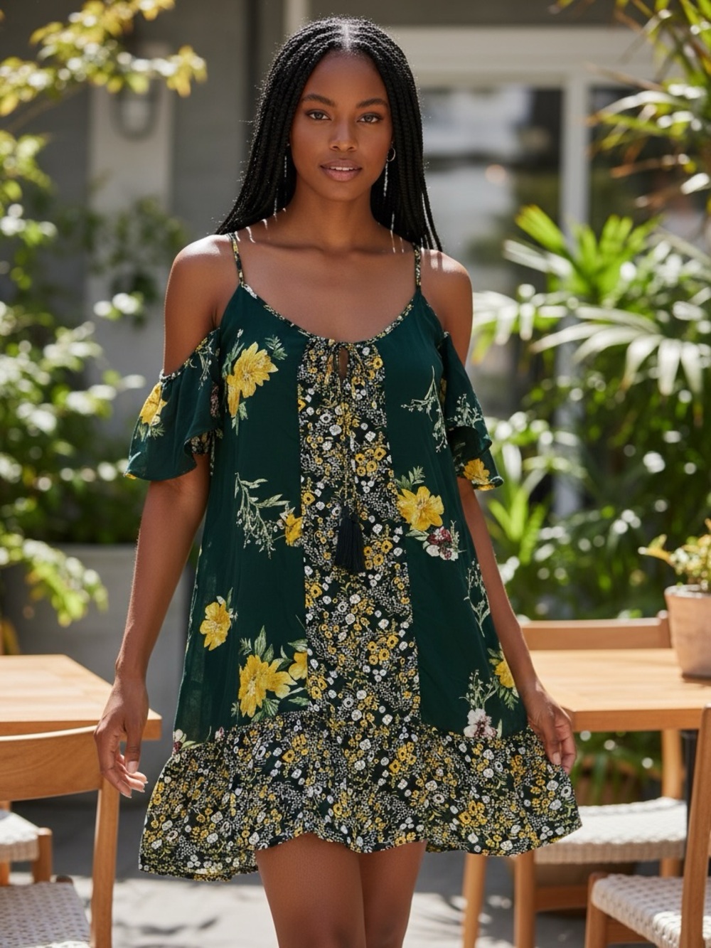 Chance & Destiny Dress L Green Floral Cold Shoulder Boho Tassel Mini Dress